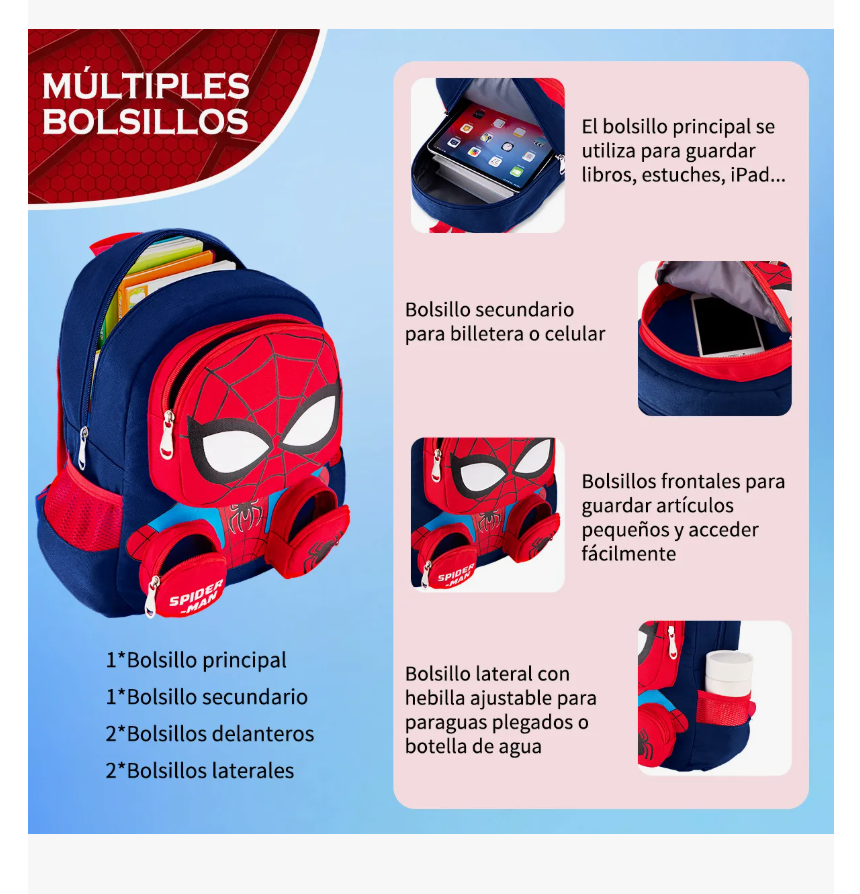 Foto 5 pulgar | Mochilas Para Ninos Y Niña Escolar De Dibujos Anime 3d Spiderman Gran Capacidad Preescolar Color Azul Marino