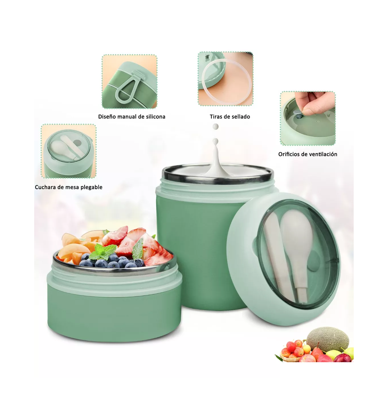 Foto 4 pulgar | Lonchera Térmica de Acero Inoxidable Verde 710 Ml Incluye Cuchara