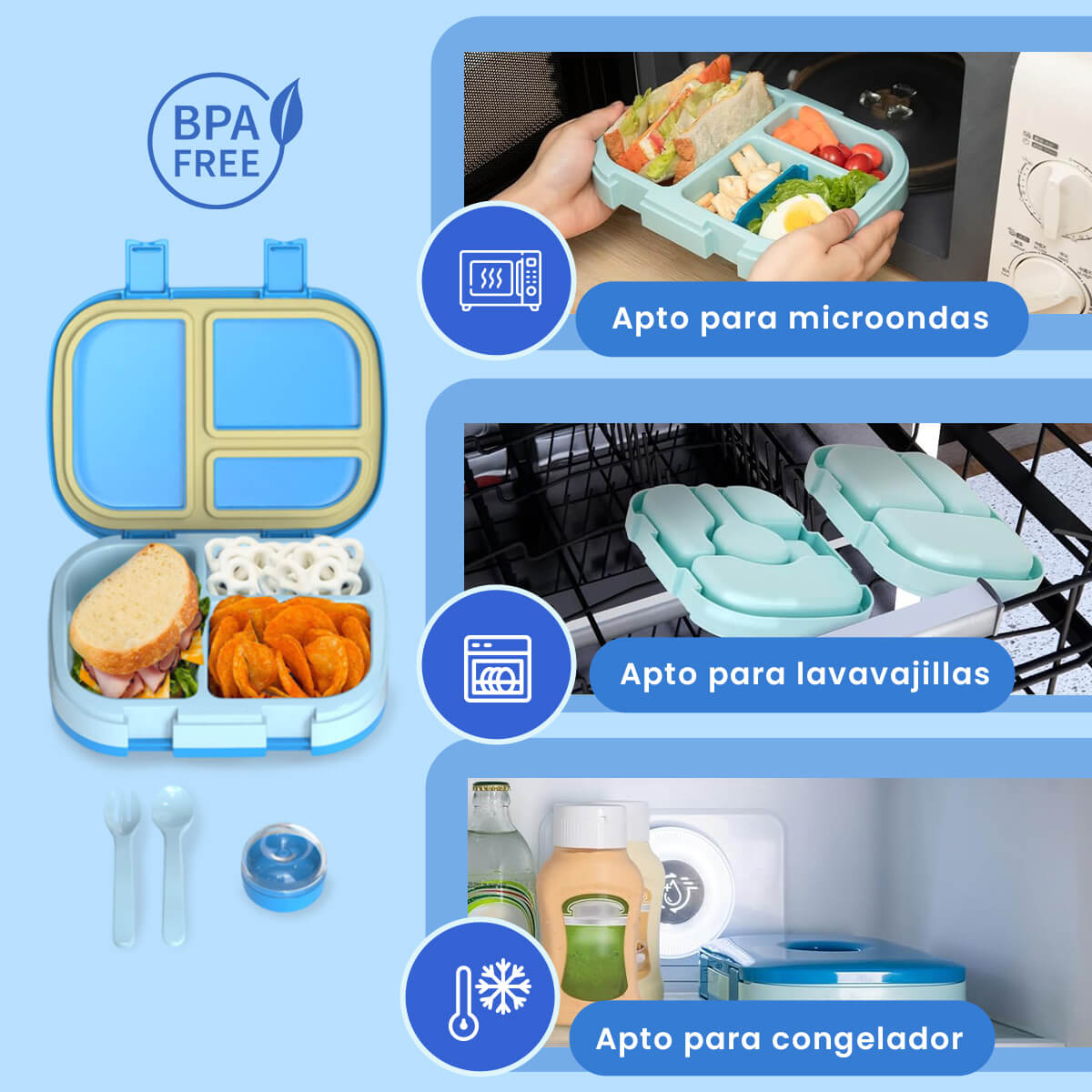 Foto 7 pulgar | Lonchera Para Niños Tipo Bento Box Con Compartimentos Ajustables De Sellado Hermetico, Tupper Para Lunch Con Cu