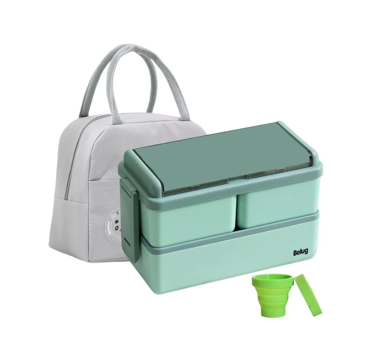 Lonchera Tooper Y Bolsa + Taza 2 Niveles, Belug Lunch Box Verde/gris