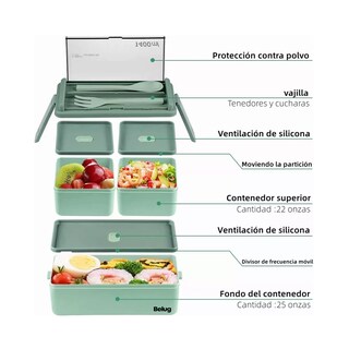 Foto 3 | Lonchera Tooper Y Bolsa + Taza 2 Niveles, Belug Lunch Box Verde/gris