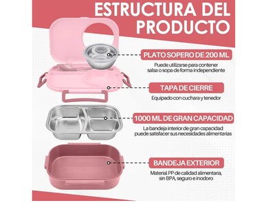 Foto 3 | Bento Box Fiambrera Acero Inoxidable Lunchera Escolar