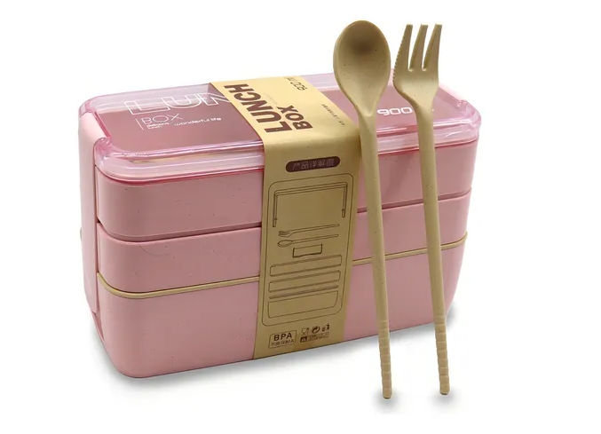 Caja de Almuerzo Infantil 3 Capas Estilo Japonés Rosa 900 ml con Tenedor y Cuchara