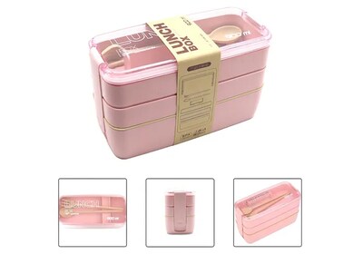 Foto 2 | Caja de Almuerzo Infantil 3 Capas Estilo Japonés Rosa 900 ml con Tenedor y Cuchara