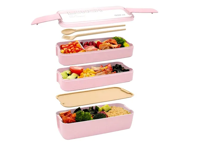 Foto 5 pulgar | Caja de Almuerzo Infantil 3 Capas Estilo Japonés Rosa 900 ml con Tenedor y Cuchara