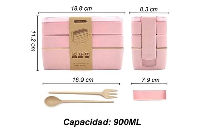 Foto 5 | Caja de Almuerzo Infantil 3 Capas Estilo Japonés Rosa 900 ml con Tenedor y Cuchara