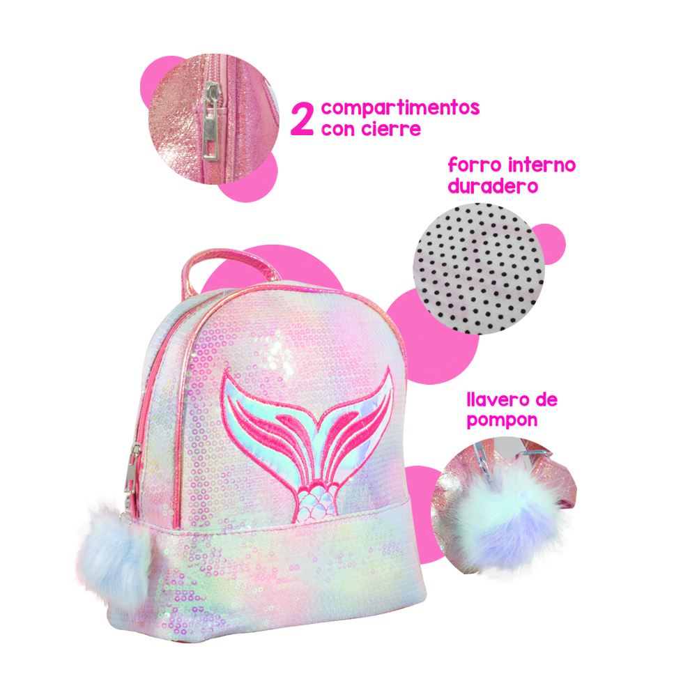 Foto 6 pulgar | Mochila Infantil de Lentejuelas Diseño de Cola de Sirena Tornasol color Fucsia Importadora La Merced
