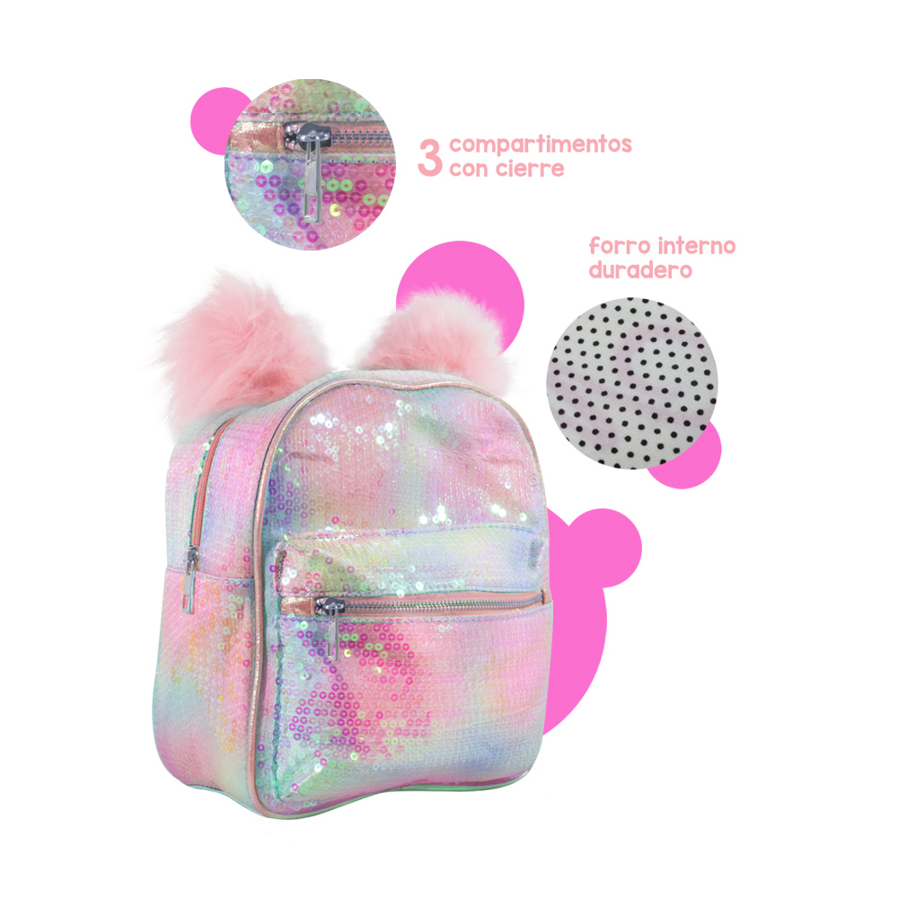 Foto 6 pulgar | Mochila Infantil con Lentejuelas Bicolor Pompones color Rosa Importadora La Merced