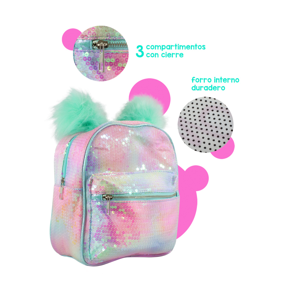 Foto 5 | Mochila Infantil con Lentejuelas Bicolor Pompones color Menta Importadora La Merced
