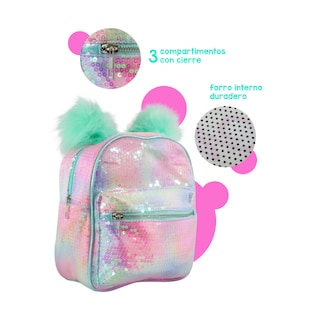 Foto 5 | Mochila Infantil con Lentejuelas Bicolor Pompones color Menta Importadora La Merced