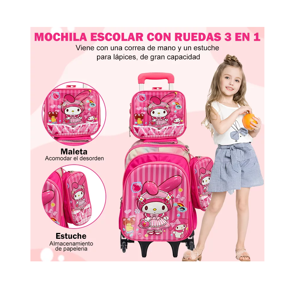 Foto 4 pulgar | Mochila Trolley 6 Ruedas Escuela Primaria 3 En 1 Rosa