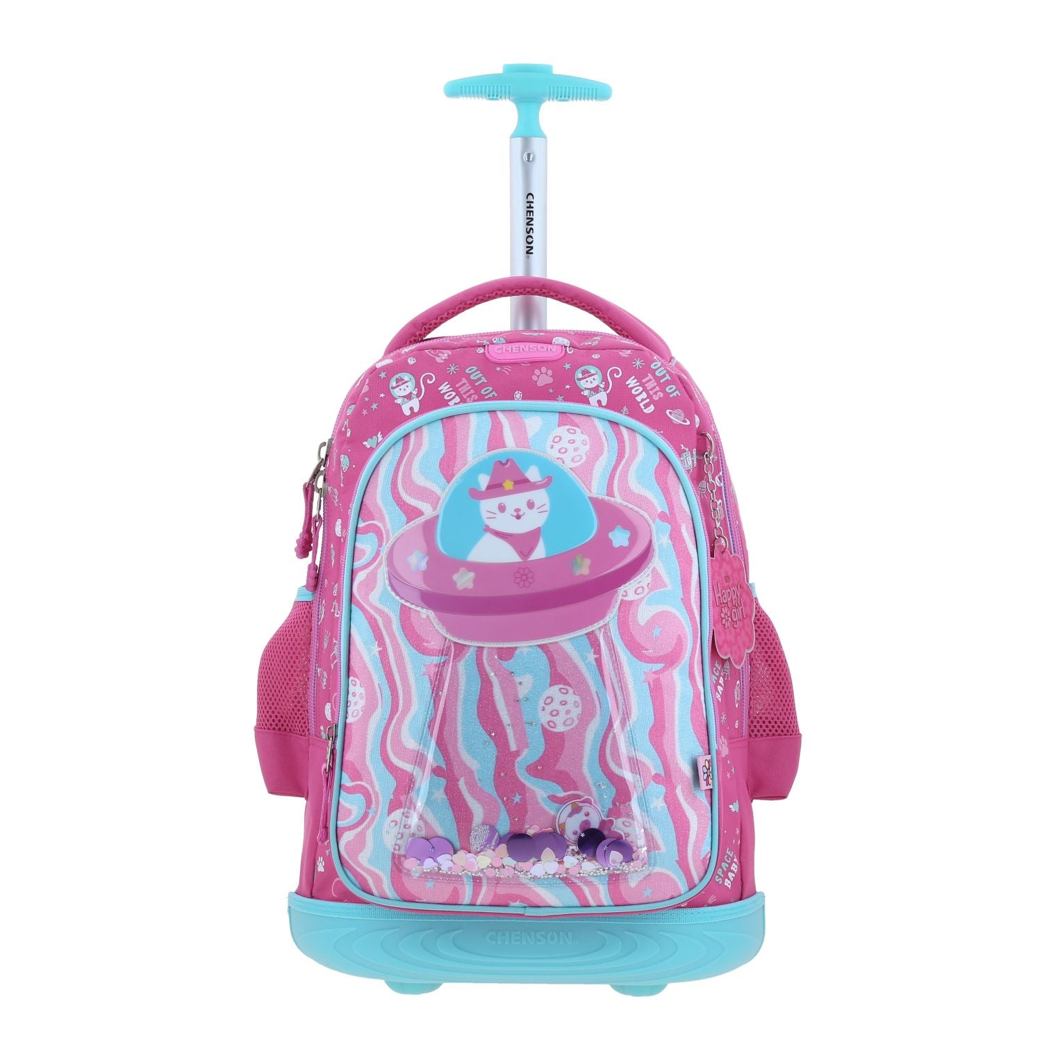 Mochila Rosa Con Ruedas Con Gatito Y Confeti Encapsulado Happy Girl Ajua