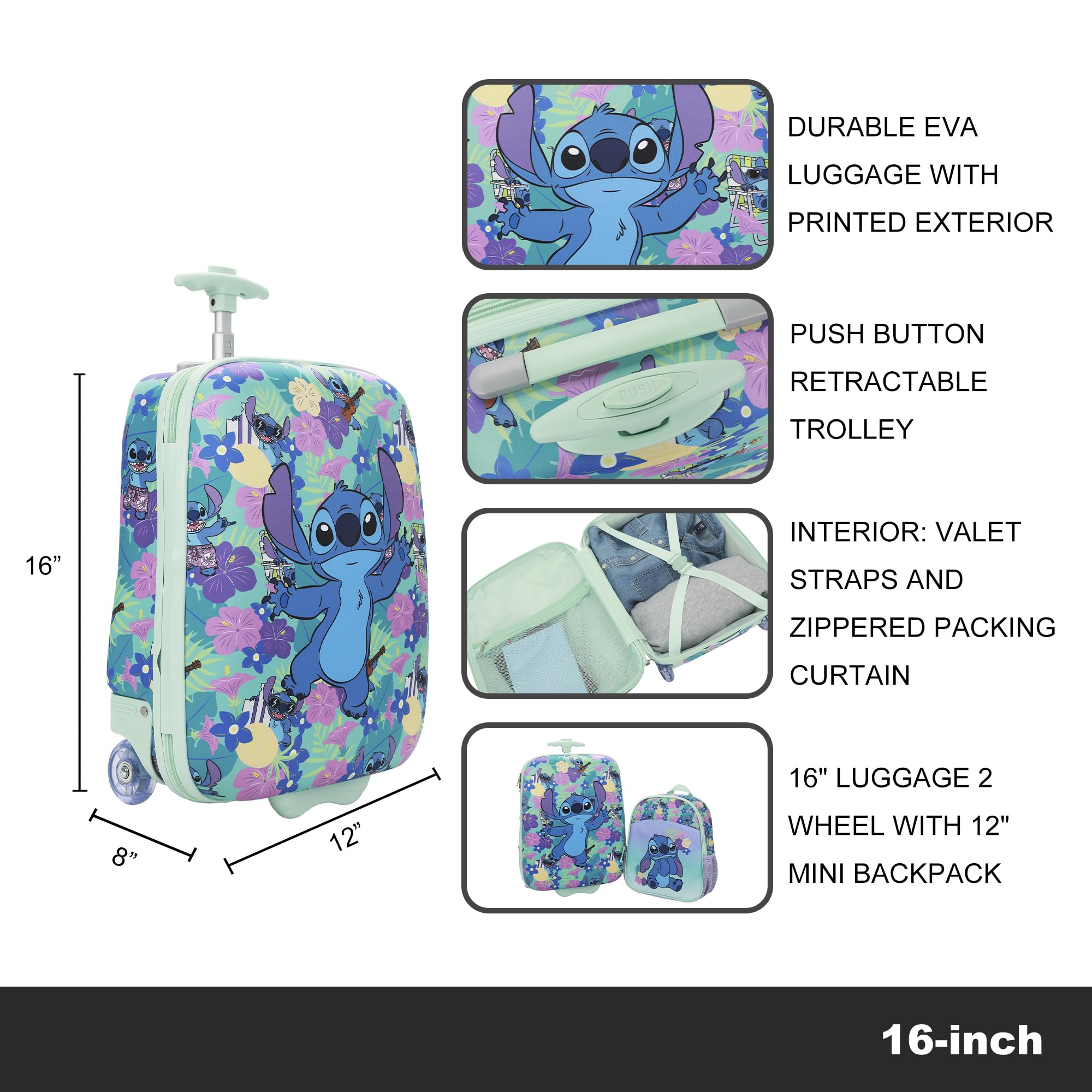 Foto 5 | Set De Equipaje Con Estampado De Flores Tropicales Disney Stitch Para Jóvenes - Venta Internacional.