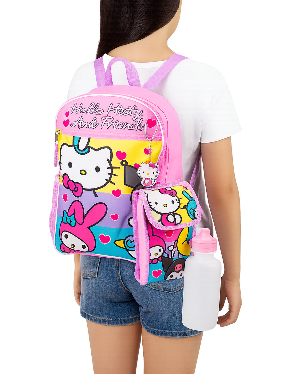 Set De Mochila Escolar de Hello Kitty Con Lonchera,  Llavero, Bote para el Agua y Clip