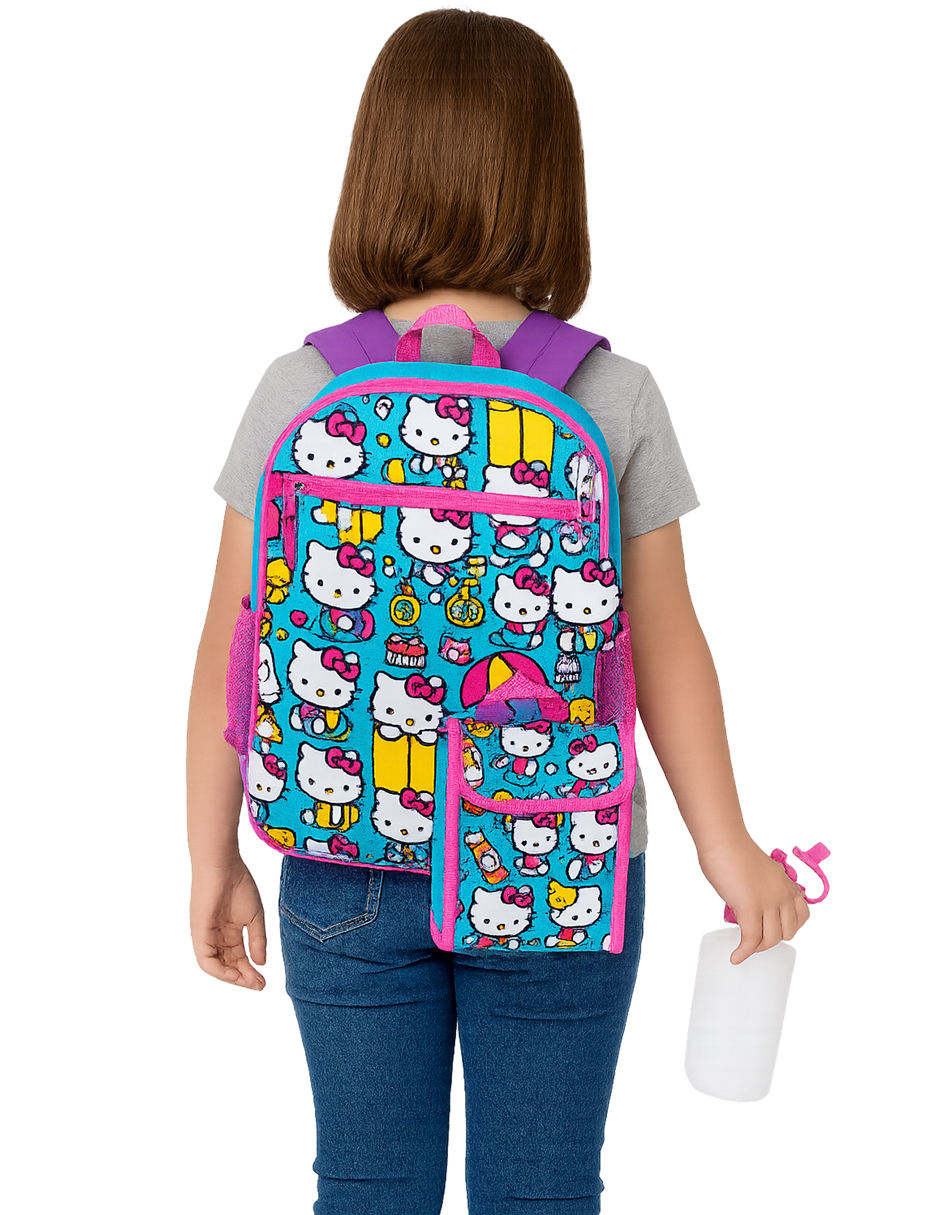 Foto 1 | Set De Mochila Escolar De Hello Kitty Con Lonchera,  Llavero, Bote para el Agua y Clip
