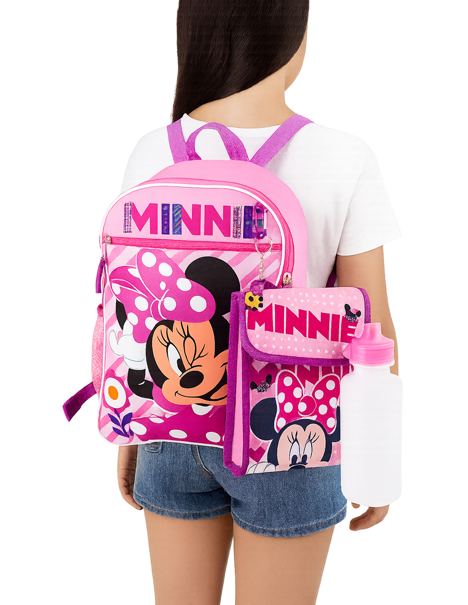 Foto 1 | Set De Mochila Escolar de Minnie Mouse Con Lonchera,  Llavero, Bote para el Agua y Clip