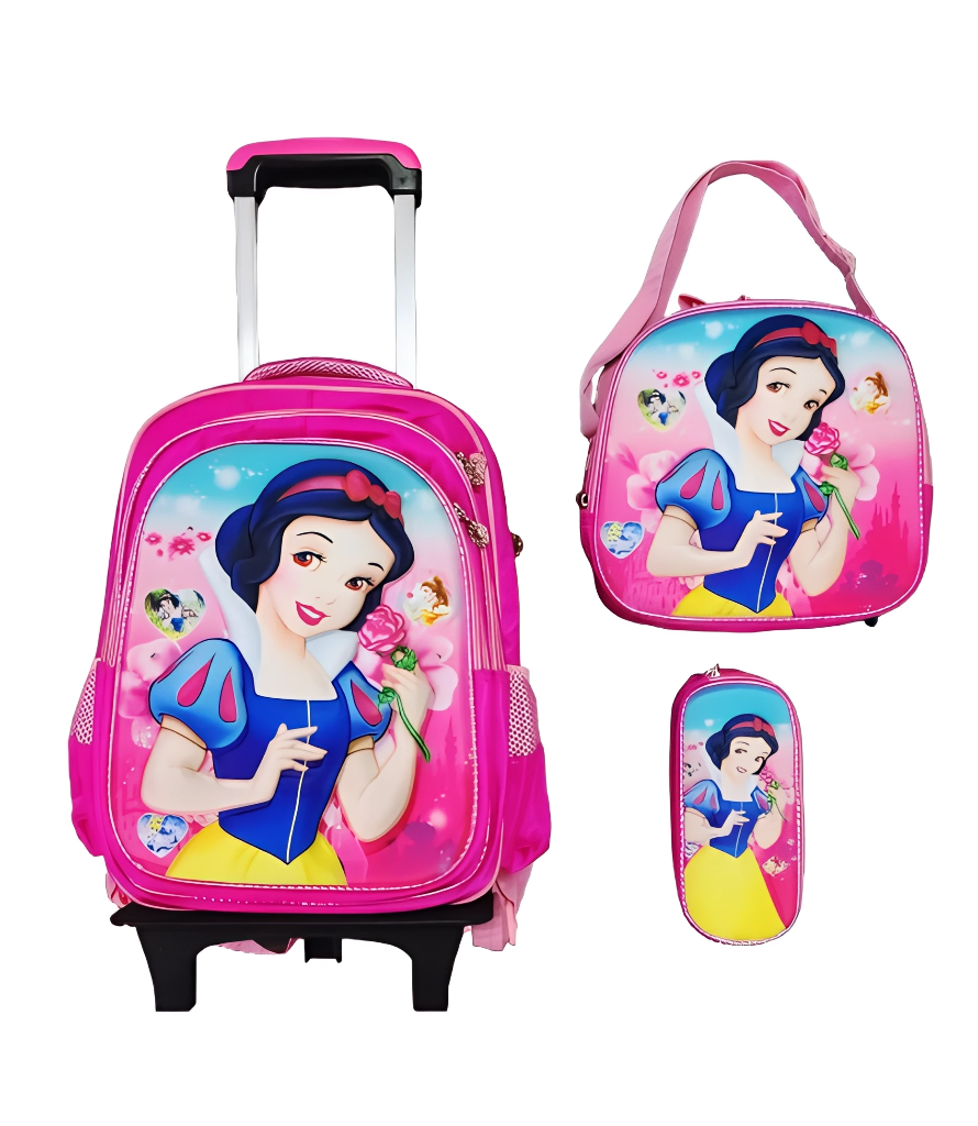 Mochila Con Luz Led De Ruedas Desmontable Incluye Lonchera Y Lapicera Diseño De Blanca Nieves