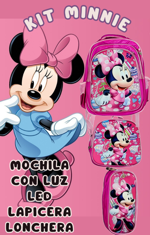Foto 3 pulgar | Mochila Con Luz Led De Ruedas Desmontable Incluye Lonchera Y Lapicera Diseño De Minnie Mouse