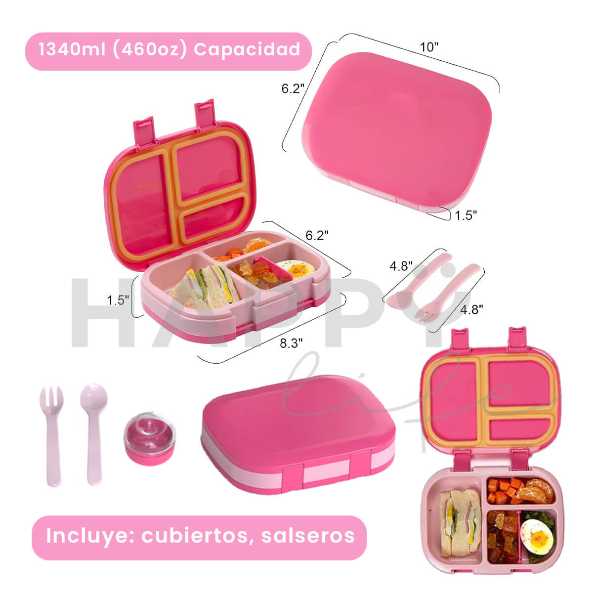 Foto 3 pulgar | Lonchera Para Niños Tipo Bento Box Con Compartimentos Ajustables De Sellado Hermetico, Tupper Para Lunch Con Cubierto