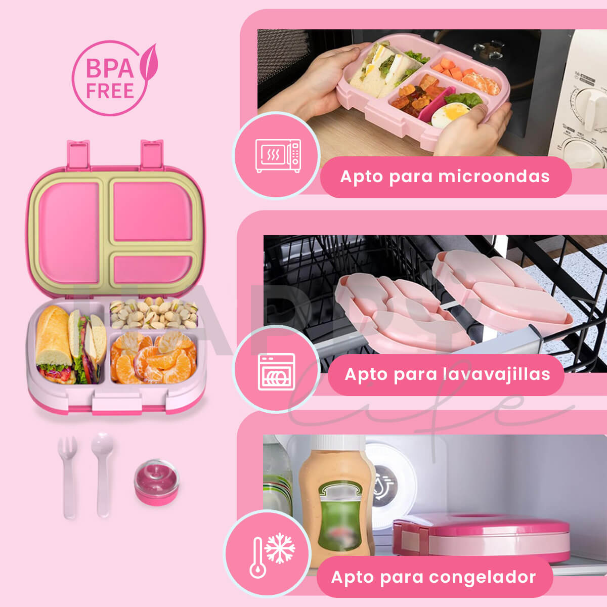 Foto 7 pulgar | Lonchera Para Niños Tipo Bento Box Con Compartimentos Ajustables De Sellado Hermetico, Tupper Para Lunch Con Cubierto