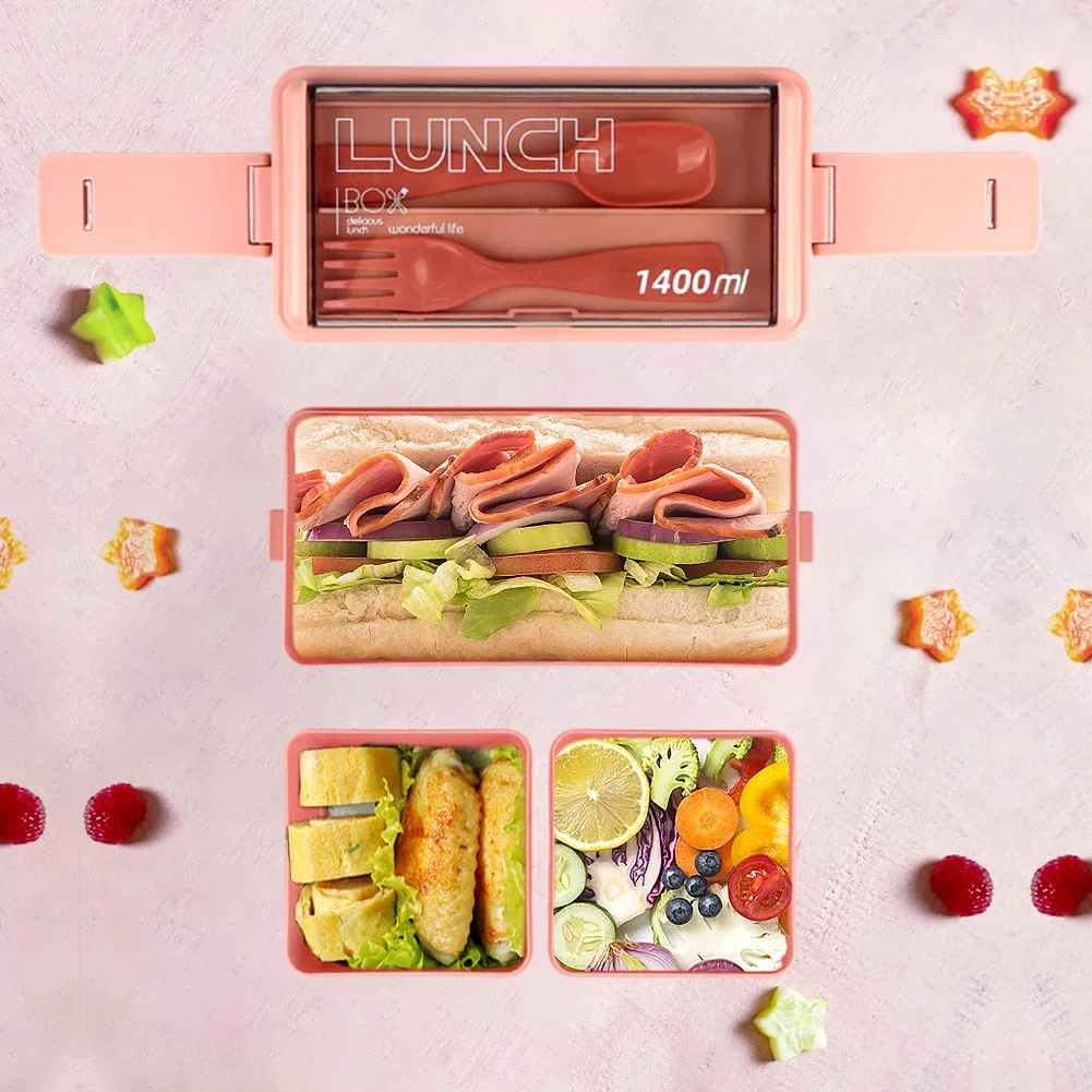 Foto 6 pulgar | Caja Bento A Prueba De Fugas De 1400 Ml, Apilada Con Compartimento, Color Rosa - Venta Internacional.