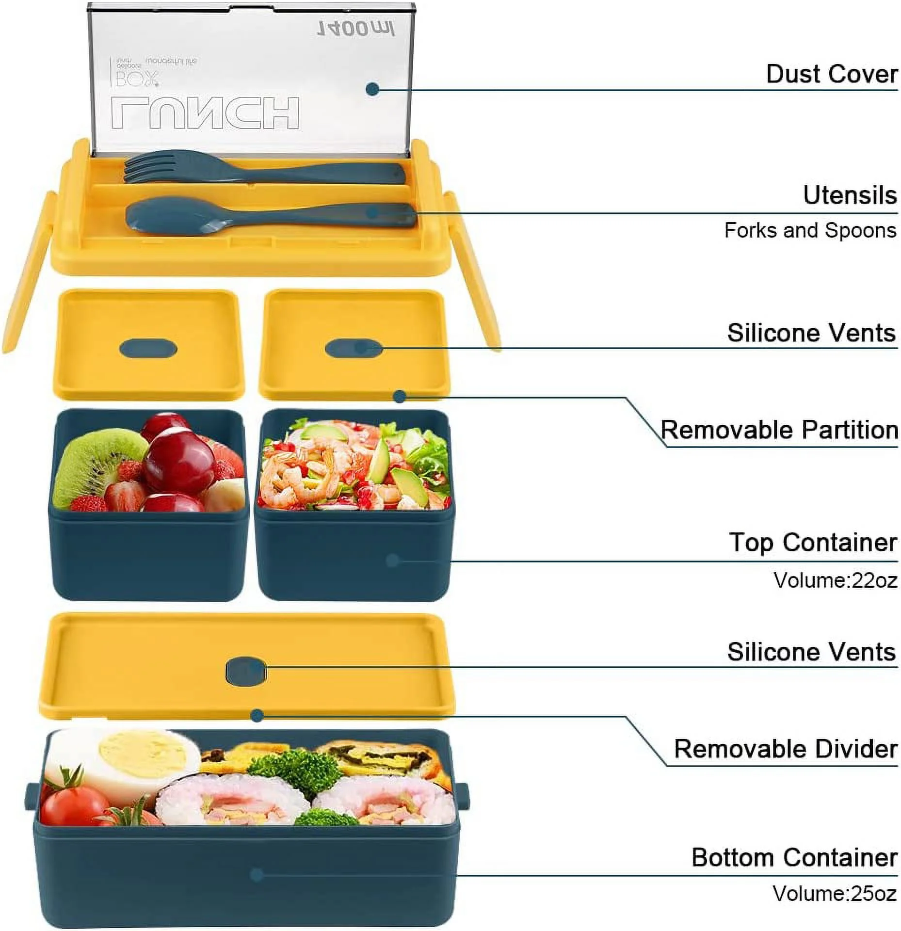 Foto 3 pulgar | Caja Bento A Prueba De Fugas De 1400 Ml, Apilada Con Compartimento, Azul, 49 Onzas - Venta Internacional.