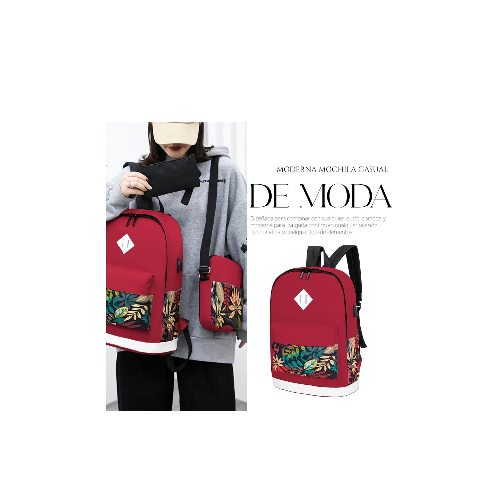 Foto 4 pulgar | Mochilas Malubero Impermeable con Puerto Usb color Roja Floreado 3 piezas