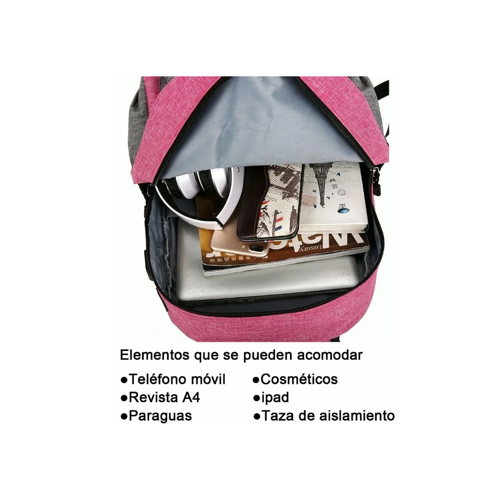 Foto 4 pulgar | Mochila Impermeable con Puerto Usb Malubero 3 pz color Rosa