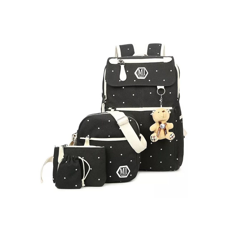 Set 4 Mochila Escolar color Negra para Niña Con Puntos Malubero