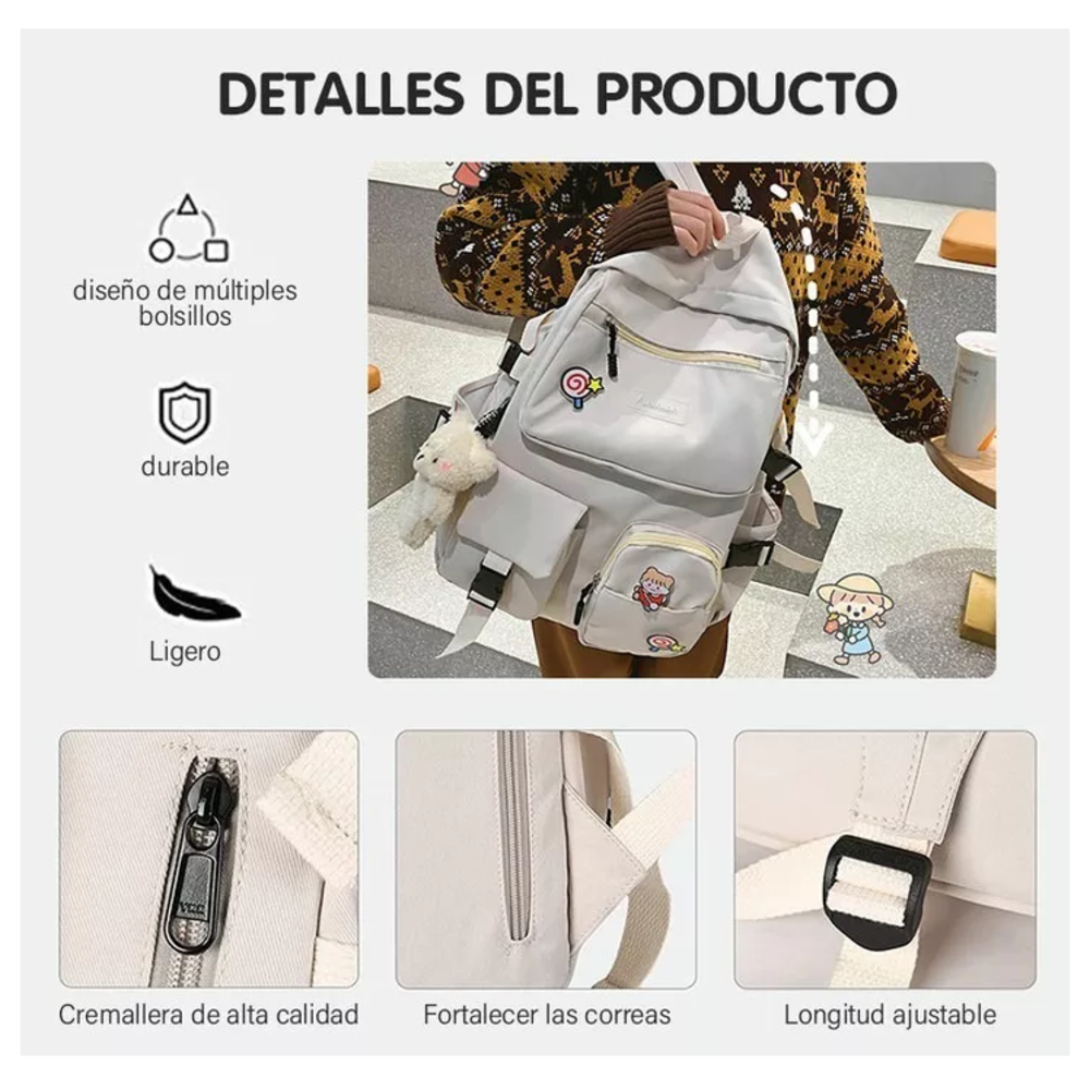 Foto 2 | Mochila Escolar Belug Kawaii De Moda Gran Capacidad Multi-bolsillo color Blanco