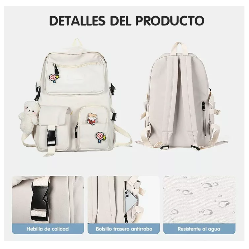 Foto 4 pulgar | Mochila Escolar Belug Kawaii De Moda Gran Capacidad Multi-bolsillo color Blanco