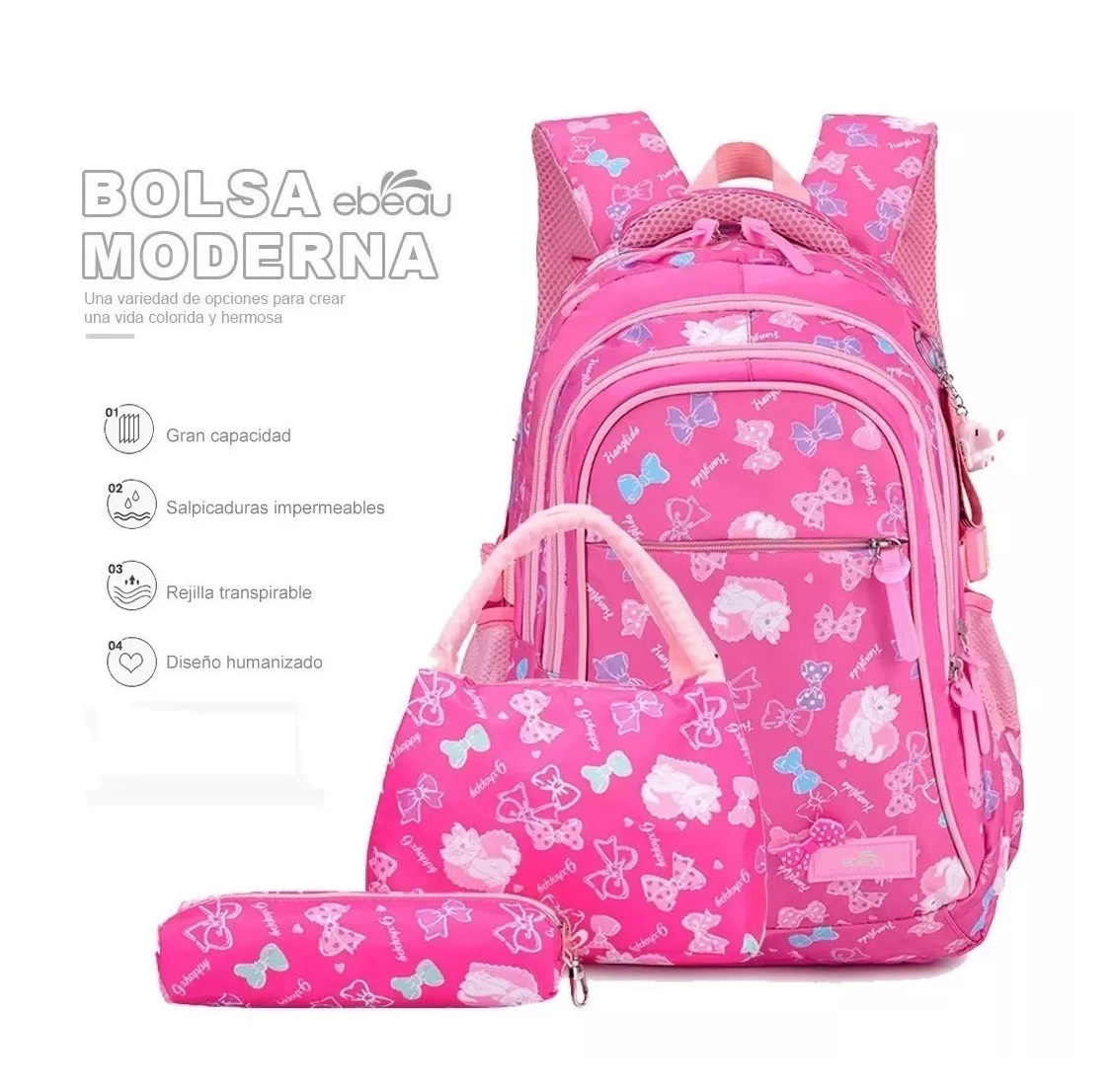 Foto 5 | Mochila Escolar con Estuche y Lonchera Belug color Rosa