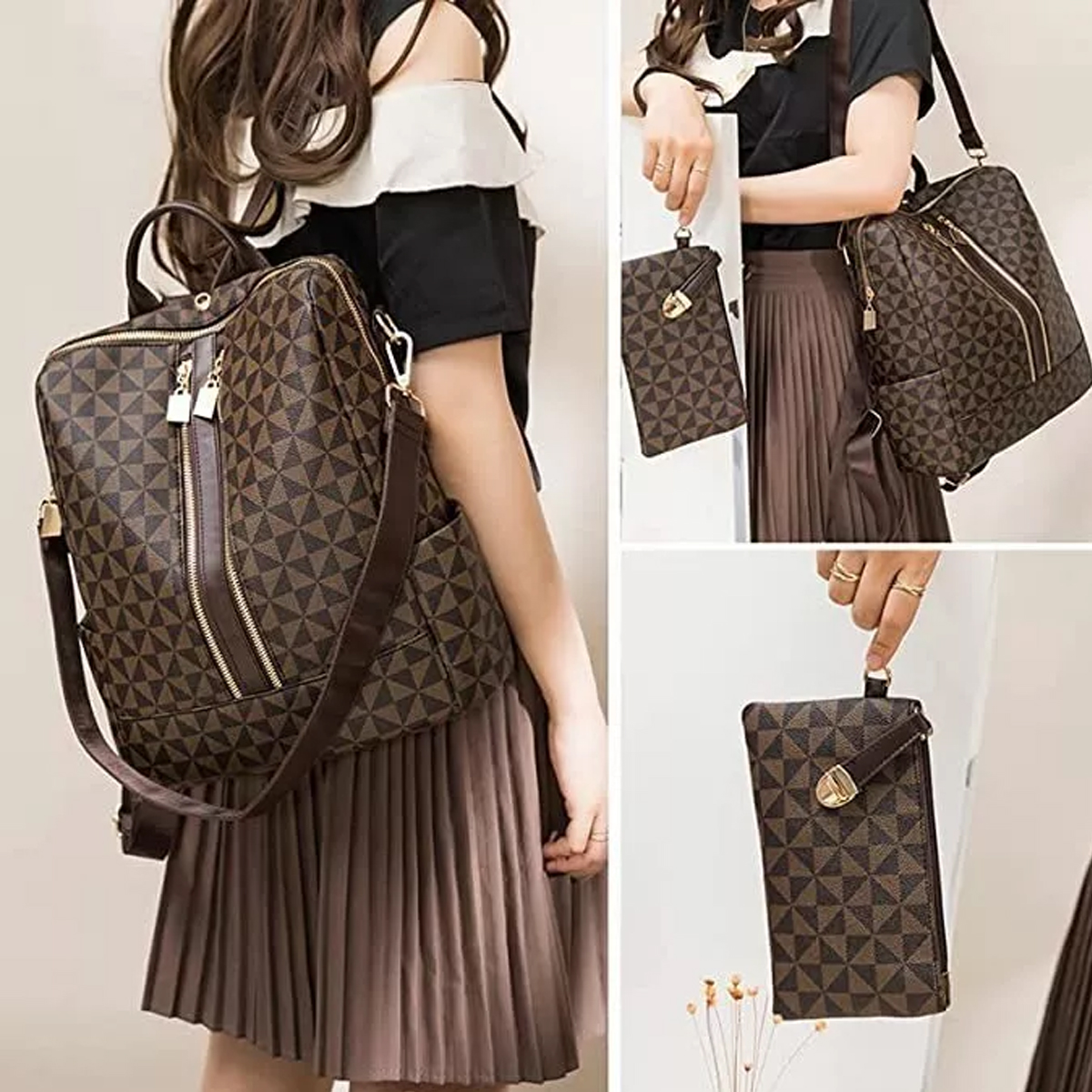 Foto 2 | Kit Mochila Moda Casual Genérico color Marrón para Mujer 2 Piezas