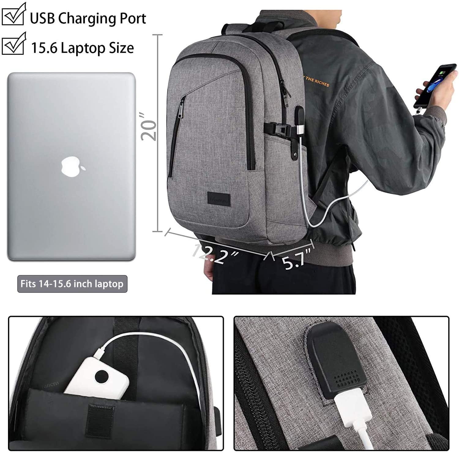 Foto 4 pulgar | Venta Internacional-Mochila Mancro color Gris Para Laptop y Con Carga Usb