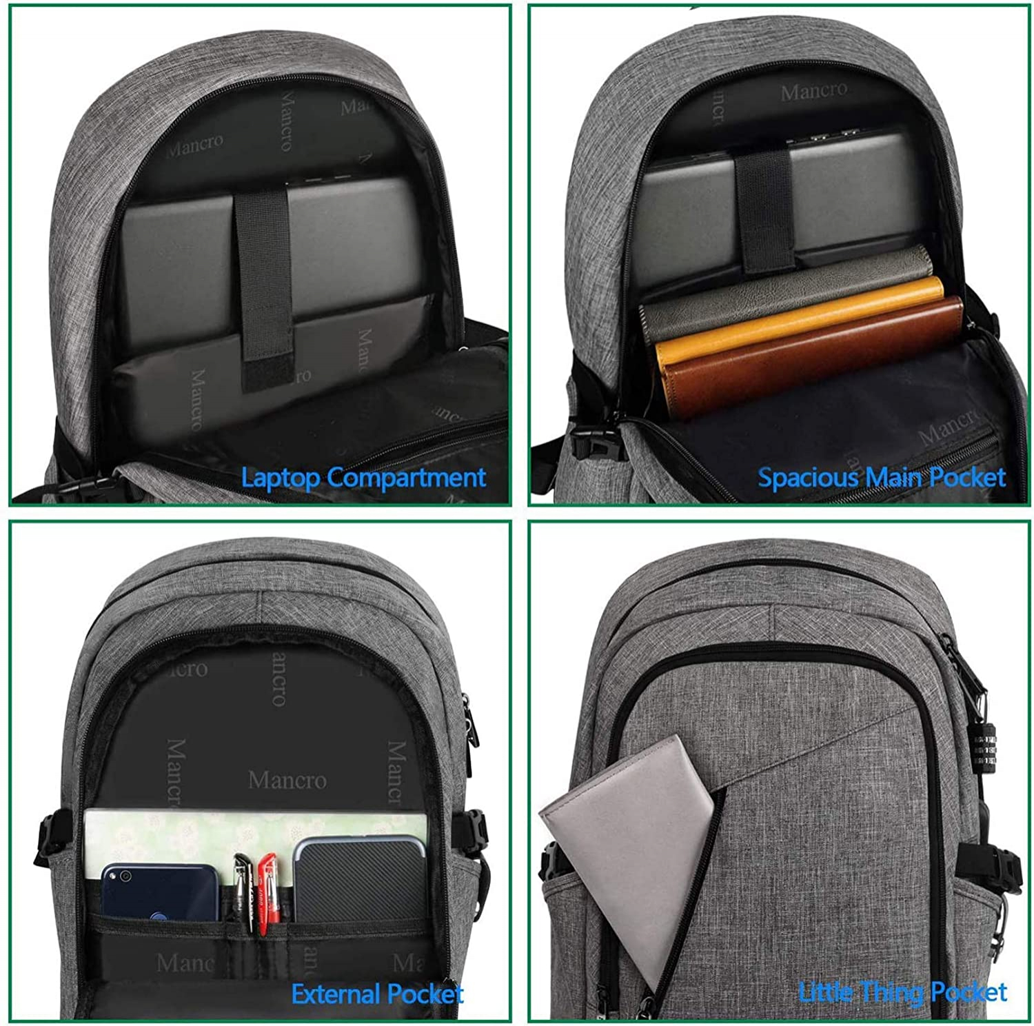 Foto 6 pulgar | Venta Internacional-Mochila Mancro color Gris Para Laptop y Con Carga Usb