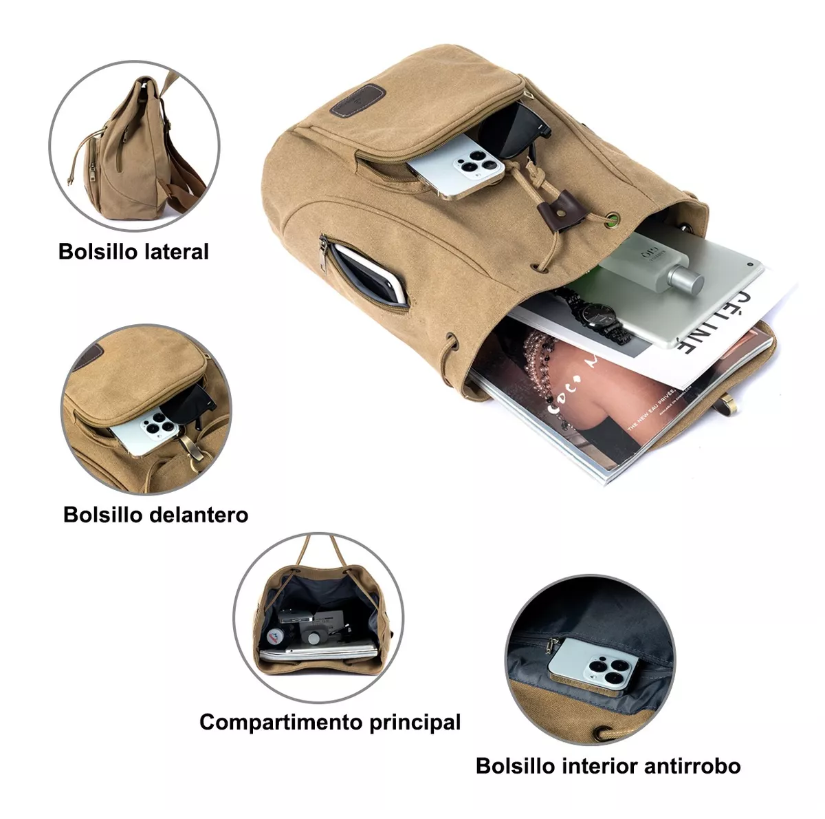Foto 5 | Mochila Escolar Antirrobo Para Mujer, Caqui