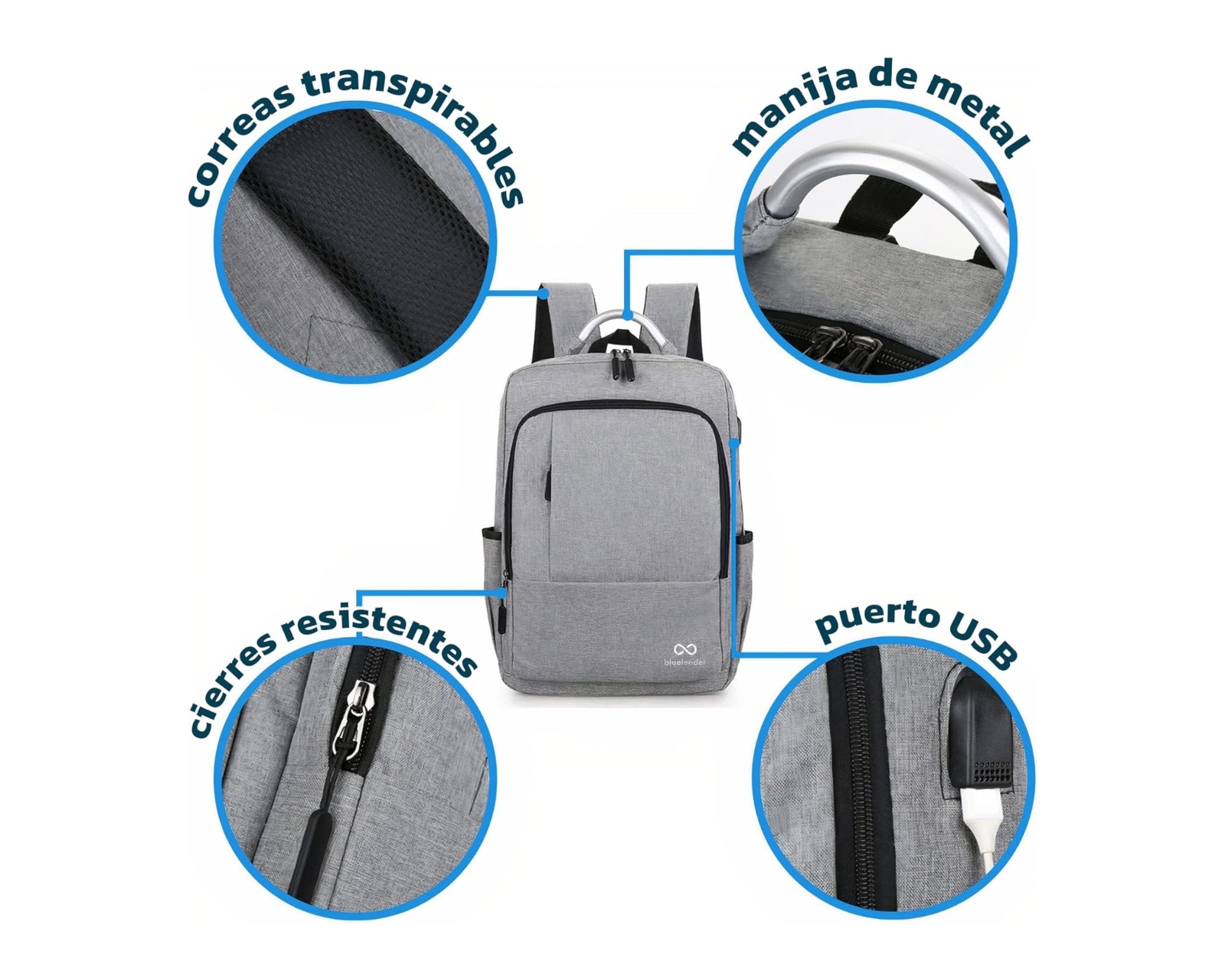 Foto 3 pulgar | Mochila Para Laptop Bluelander, Con Puerto Usb Para Power Bank, Manija De Metal, Impermeable Y Con Capacidad Par