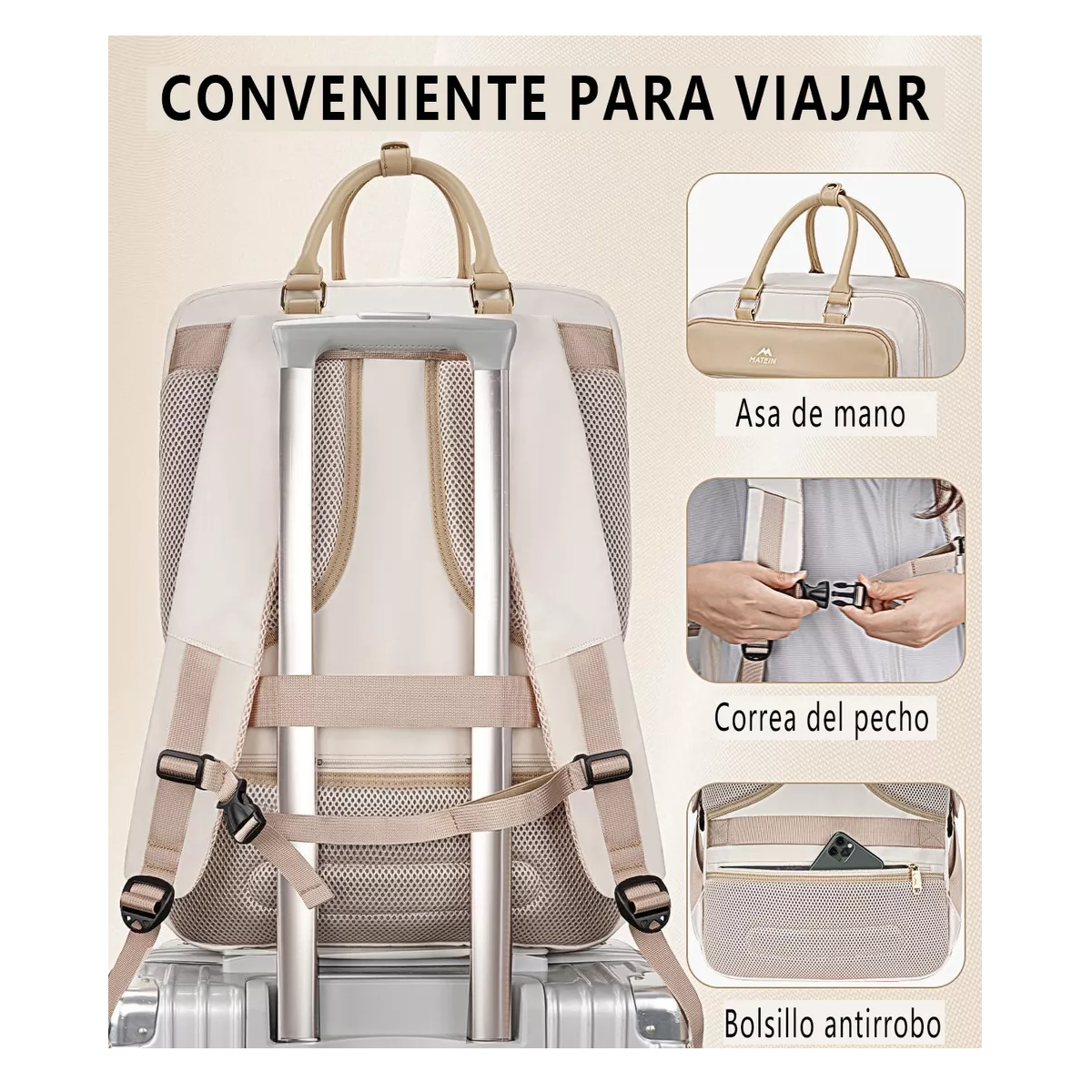 Foto 4 pulgar | Mochila De Viaje Para Mujer, Mochila Carry On 52l Beige