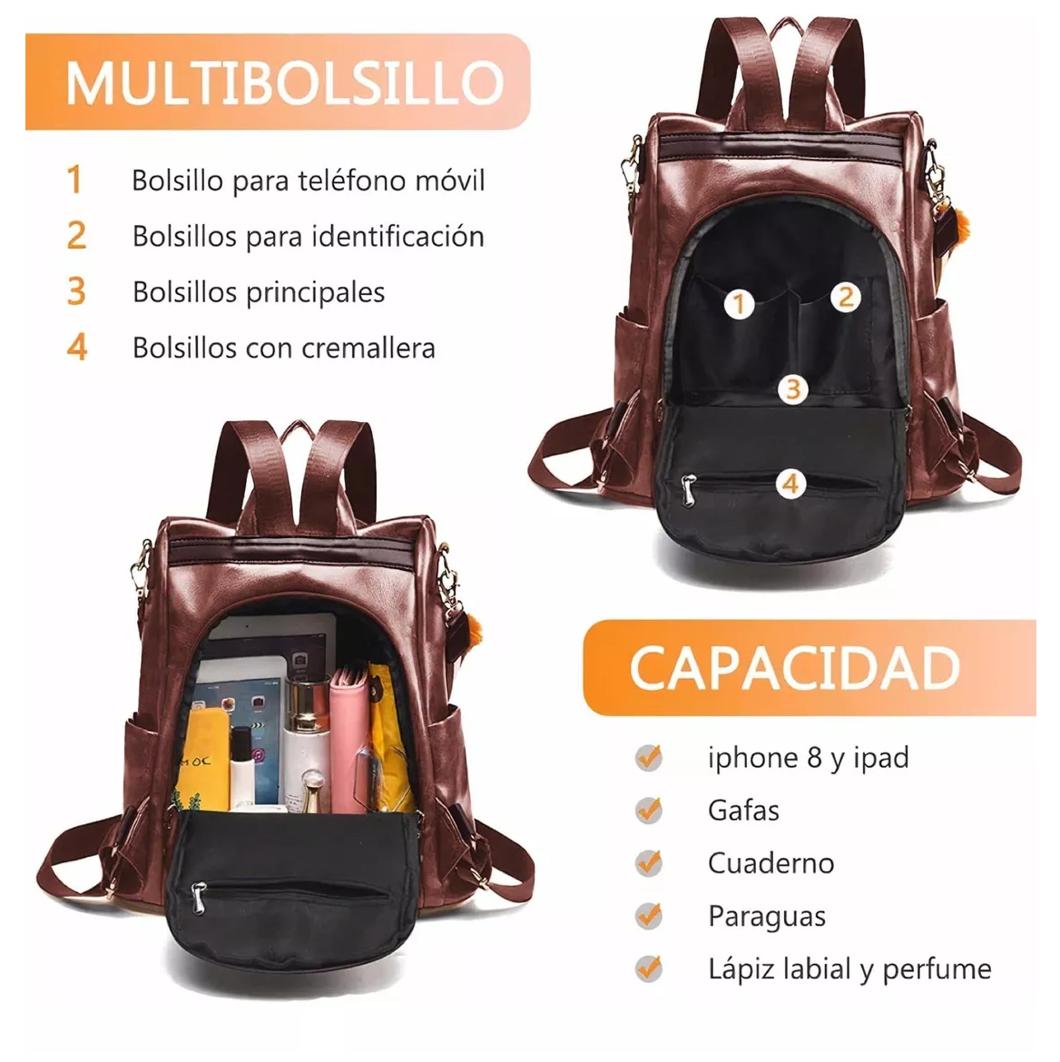 Foto 3 pulgar | Mochila Antirrobo Para Mujer Moda Mochila Cafe