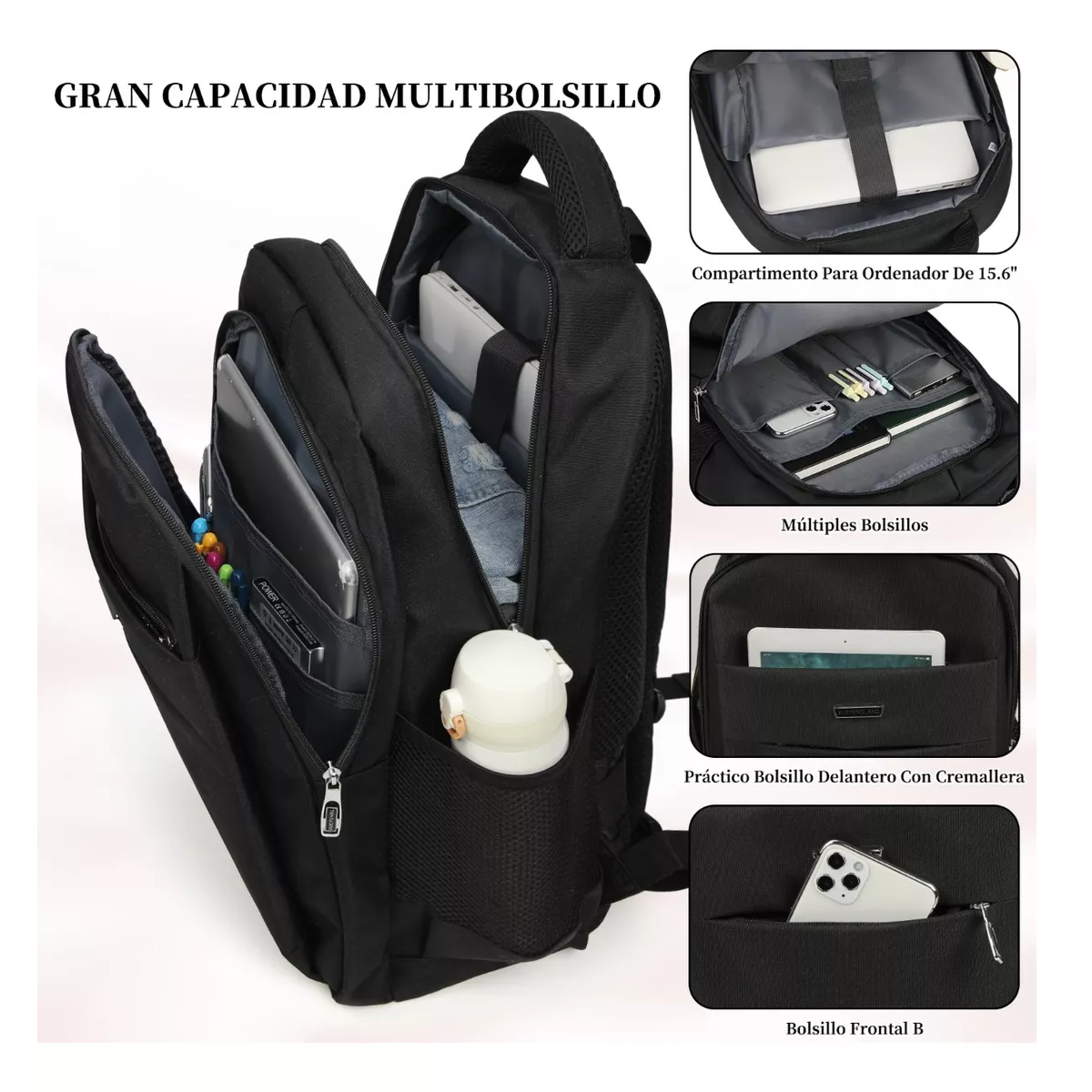 Foto 2 | Mochila De Viaje Para Laptop De 15.6 Pulgadas, Grande De Negra