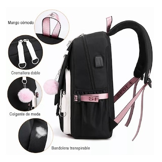 Foto 2 | Mochila Kawaii Estilo Coreano Juvenil Moda Con Puerto Usb Rosa Negro