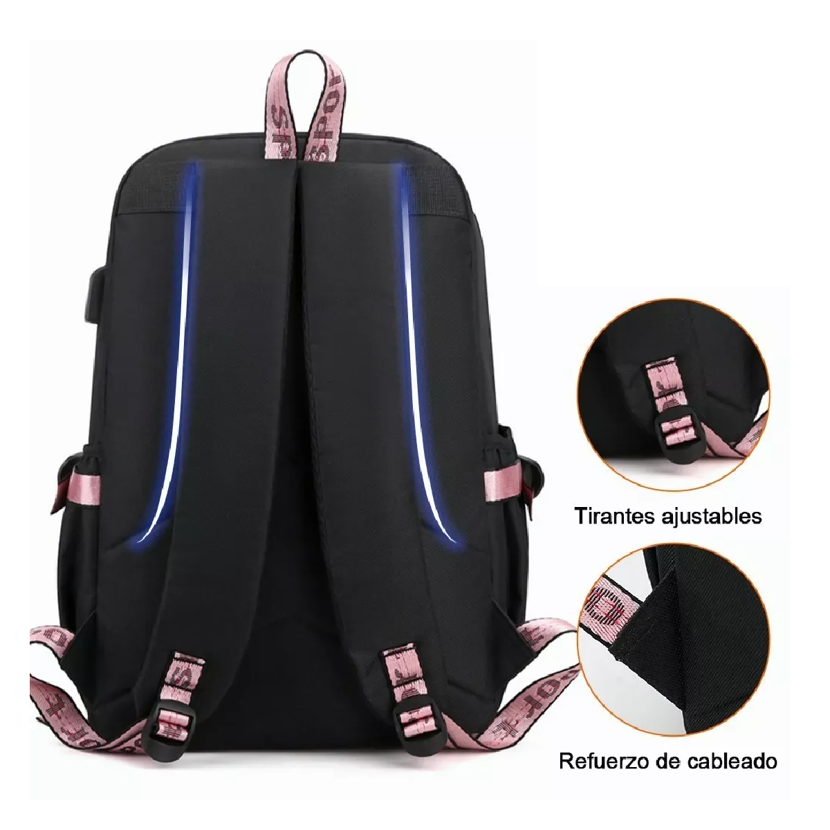 Foto 4 pulgar | Mochila Kawaii Estilo Coreano Juvenil Moda Con Puerto Usb Rosa Negro