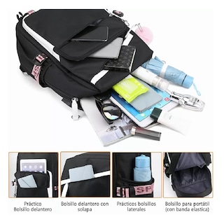 Foto 4 | Mochila Kawaii Estilo Coreano Juvenil Moda Con Puerto Usb Rosa Negro