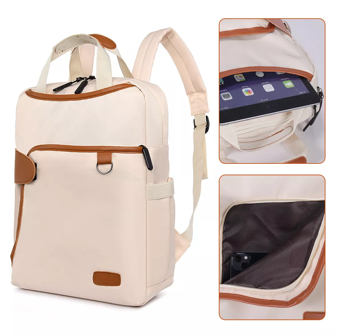 Foto 5 pulgar | Mochila Impermeable Antirrobo de Viaje Mochila 13.3'' Beige Detalles Marrón