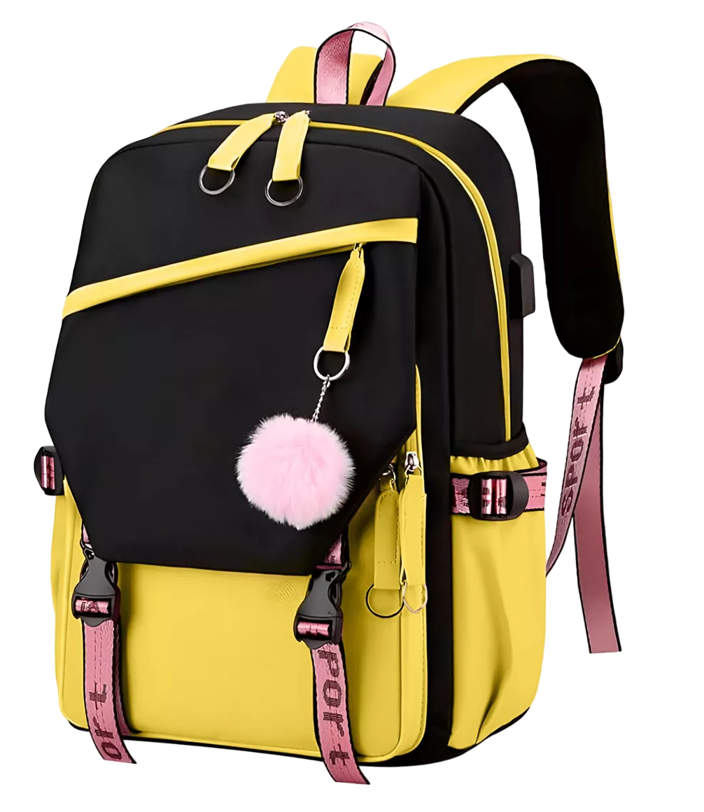 Mochila Kawaii Estilo Coreano Juvenil Moda con Puerto Usb Amarillo con Negro