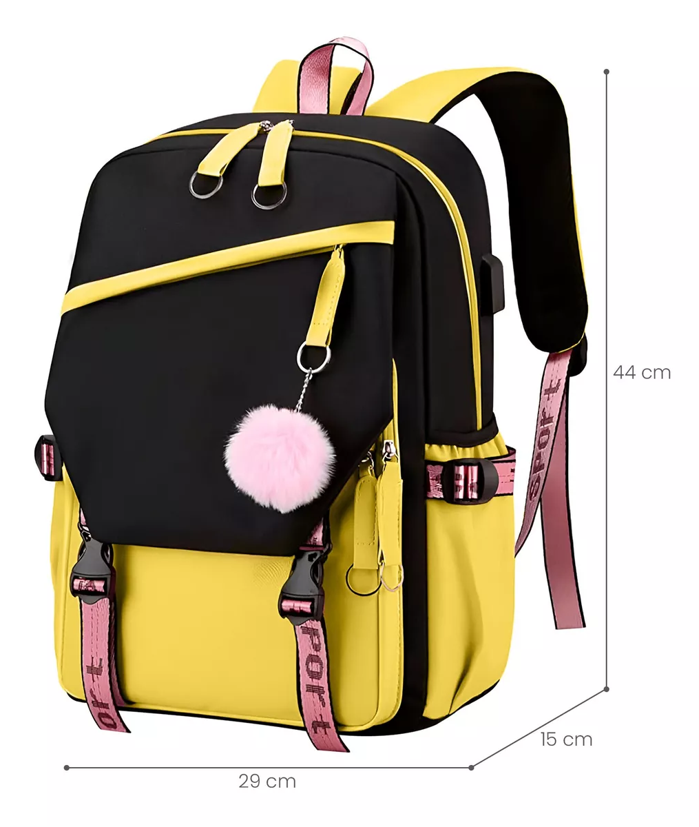 Foto 2 | Mochila Kawaii Estilo Coreano Juvenil Moda con Puerto Usb Amarillo con Negro