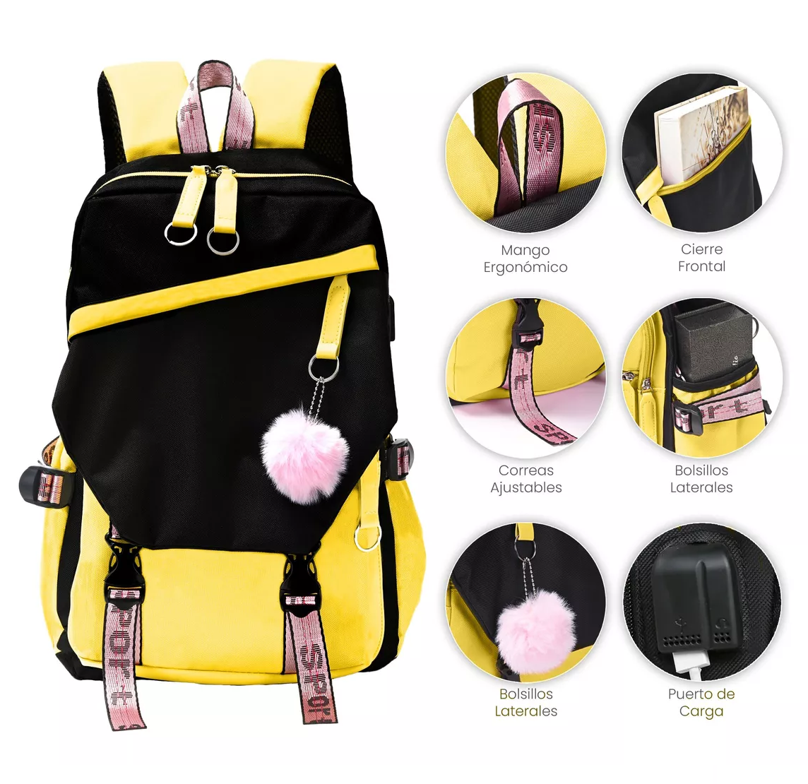 Foto 3 | Mochila Kawaii Estilo Coreano Juvenil Moda con Puerto Usb Amarillo con Negro