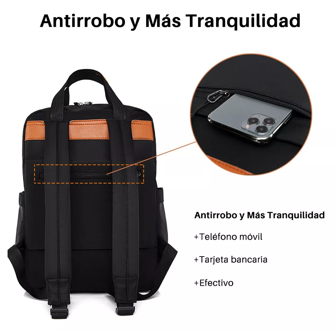 Foto 3 pulgar | Mochila Impermeable Antirrobo 13.3'' Negro Detalles Marrón