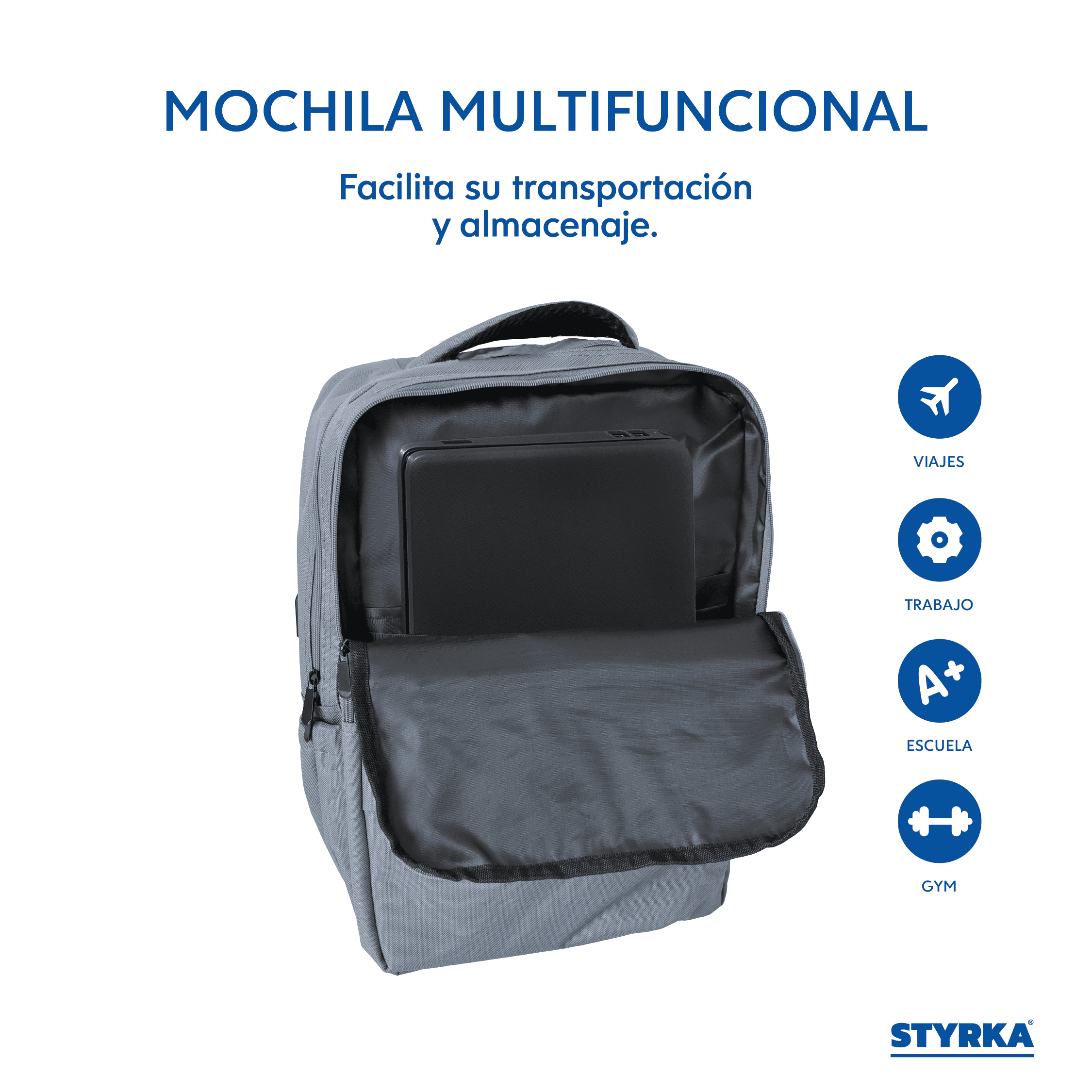 Foto 4 pulgar | Mochila Para Laptop Grande Styrka Color Gris Multicompartimento Puerto Usb