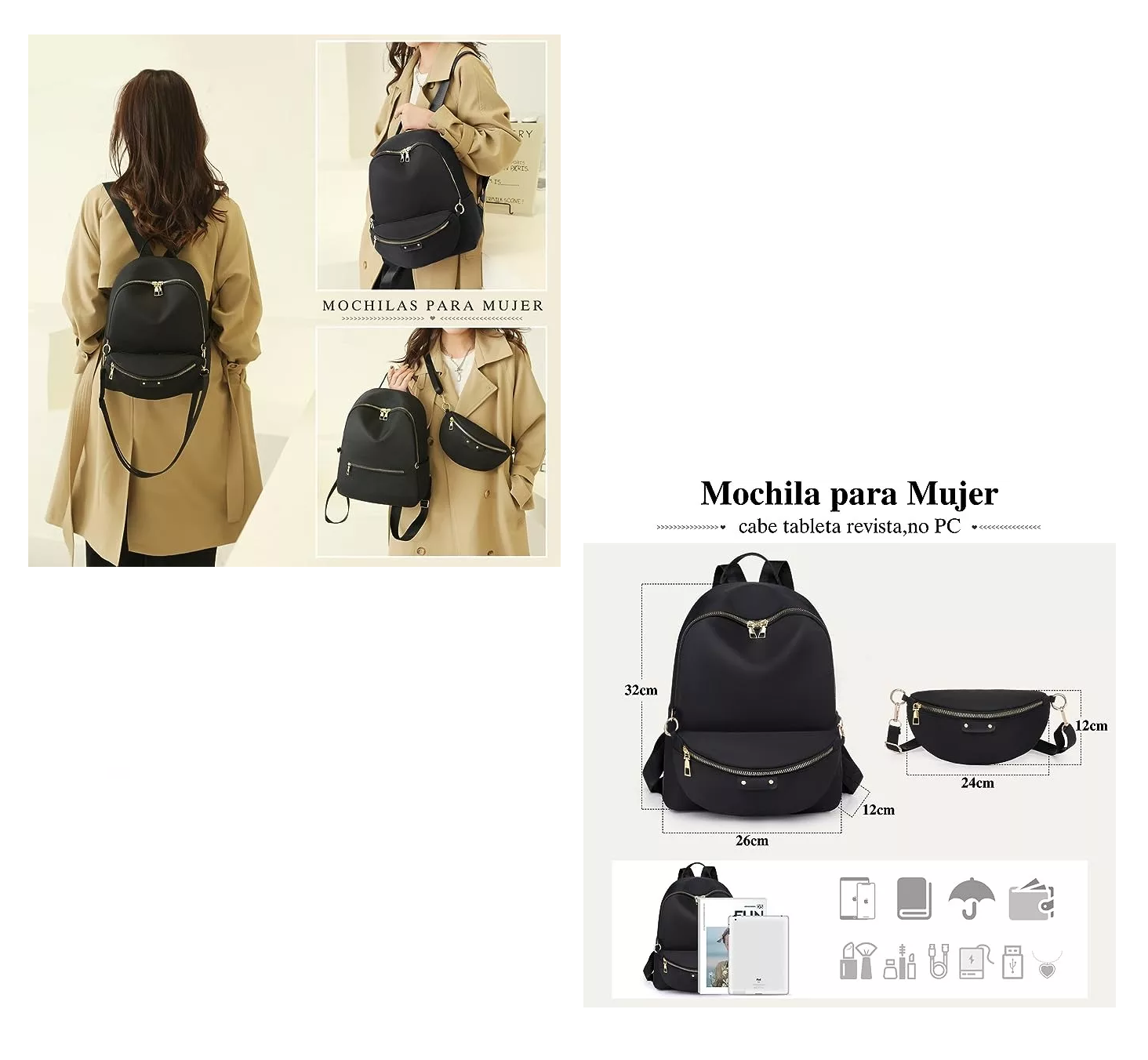 Foto 3 | Bolsas Mochilas Escolares De Mujer Bolso Antirrobo 2 Piezas Moda Negro